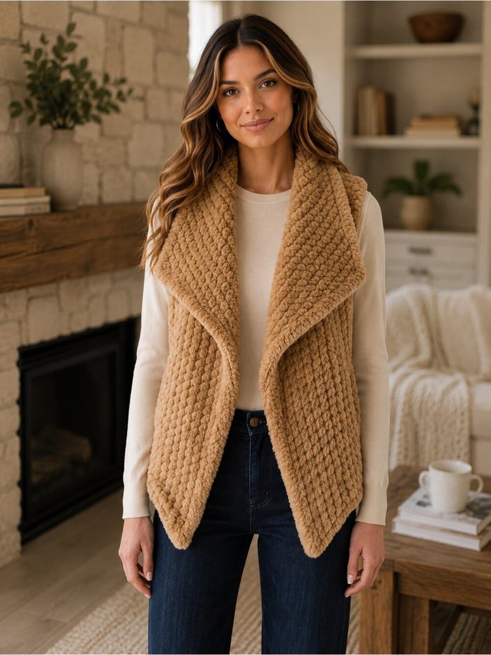 Dolce Cabo Camel Faux Fur Textured Open Front Vest Cardigan Cozy Size Medium